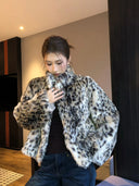【FANGTING】Women Winter Leopard Print Faux Fur Coat Loose Short Warm Fur Lined Outerwear