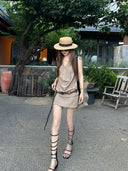 【FANGTING】Women Summer Black 2 Piece Set Draped Neck Top & A-Line Mini Skirt Outfit