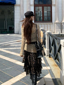 【MAR】RVintage Leopard Print Asymmetrical Skirt Women Elegant All-match Slim Fit Petite Fashion Skirt
