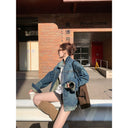 【FANGTING】Women's Vintage Denim Jacket Spring Loose Dark Blue Washed Casual Cargo Coat