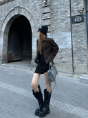 【FANGTING】Women Autumn Vintage Elegant 2 Piece Set Zipper Short Coat & Flocked Skirt Outfit