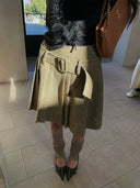 【MAR】Women's Early Spring Retro Hollow Embroidery Pleated Skirt A Line Slim Belt Midi Skirt