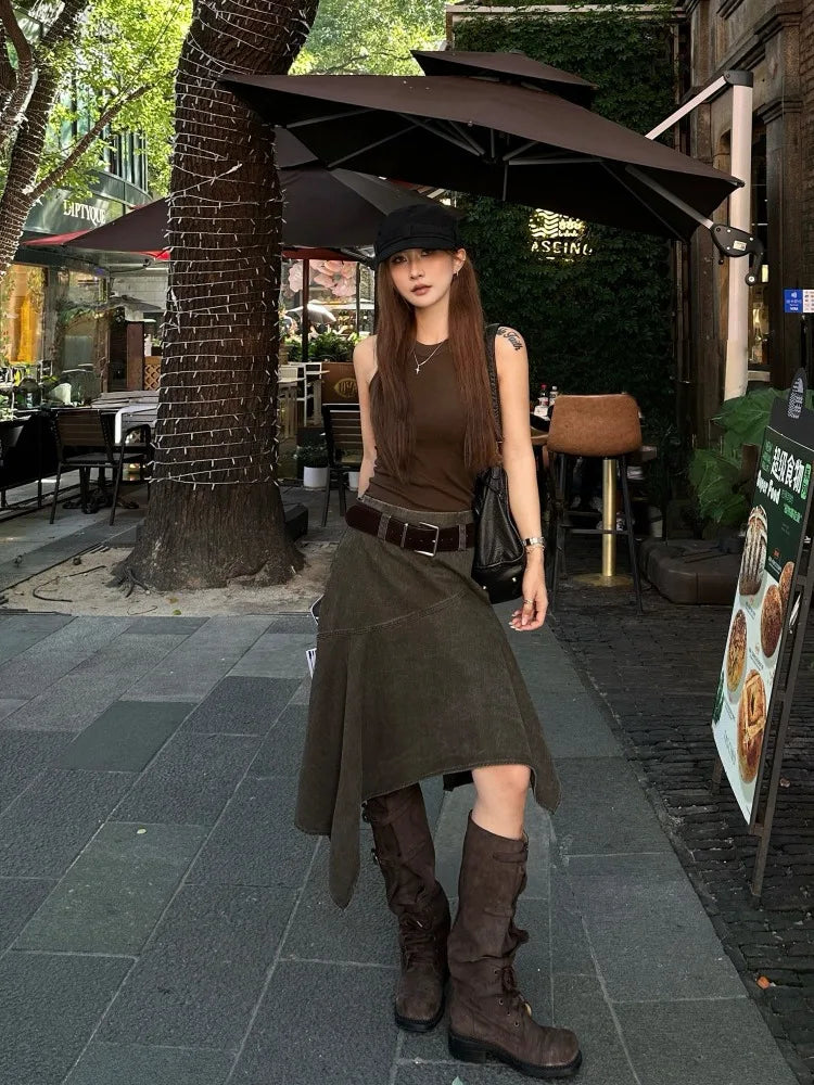 【FANGTING】 Women Spring Summer Irregular Skirt Post-Apocalyptic Style Maillard Brown Mid-Length Skirt