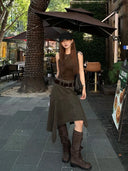 【FANGTING】 Women Spring Summer Irregular Skirt Post-Apocalyptic Style Maillard Brown Mid-Length Skirt