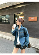 【FANGTING】Women's Vintage Denim Jacket Spring Loose Dark Blue Washed Casual Cargo Coat