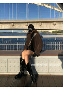 【FANGTING】Women Autumn Vintage Elegant 2 Piece Set Zipper Short Coat & Flocked Skirt Outfit