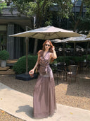 【FANGTING】Women Summer 2Pcs Outfit V Neck Halter Top Patchwork Chiffon Elegant Long Skirt Suit