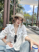 【FANGTING】White Ramie Workwear Shirt Women Summer Contrast Line Loose Lightweight Casual Blouse