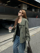 【FANGTING】Women's Cropped Trench Coat Spring Stand Collar Double Breasted Army Green Jacket