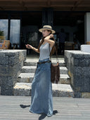 【FANGTING】Women's Denim Skirt Spring Summer New Style Slit Long Length A-Line Loose Skirt