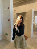 【MAR】Women's Early Spring Retro Hollow Embroidery Pleated Skirt A Line Slim Belt Midi Skirt