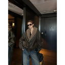 【FANGTING】Women Coffee PU Leather Bomber Jacket Fleece Collar Quilted Lined Short Moto Coat