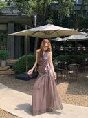 【FANGTING】Women Summer 2Pcs Outfit V Neck Halter Top Patchwork Chiffon Elegant Long Skirt Suit
