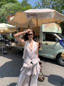 【MAR】Women Blend Two Piece Set Ribbon Vest Waistcoat Ruffle Layered Hem Maxi Skirt