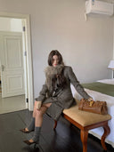 【MAR】Women Retro Intellectual Woolen Blazer Set Waist Coat Skirt Three Piece Outfit