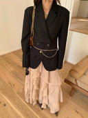 【MAR】Minimalist Black Oversized Blazer Women Mid-Length Double Breasted Suit Jacket Commute Top