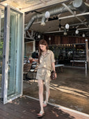 【FANGTING】Women Summer Linen Cotton 2 Piece Set V Neck Long Sleeve Shirt Mini Skirt Elegant Casual Matching Outfit