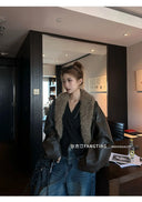 【FANGTING】Women Coffee PU Leather Bomber Jacket Fleece Collar Quilted Lined Short Moto Coat