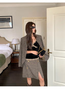 【MAR】Women Retro Intellectual Woolen Blazer Set Waist Coat Skirt Three Piece Outfit
