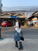 【FANGTING】 Women Summer Denim Skirt Vintage Washed Frayed Hem Blue Versatile A-Line Skirt