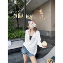 【FANGTING】Women Summer White V-Neck Long Sleeve Sun Protection Top Thin Loose Casual Cover Up Blouse
