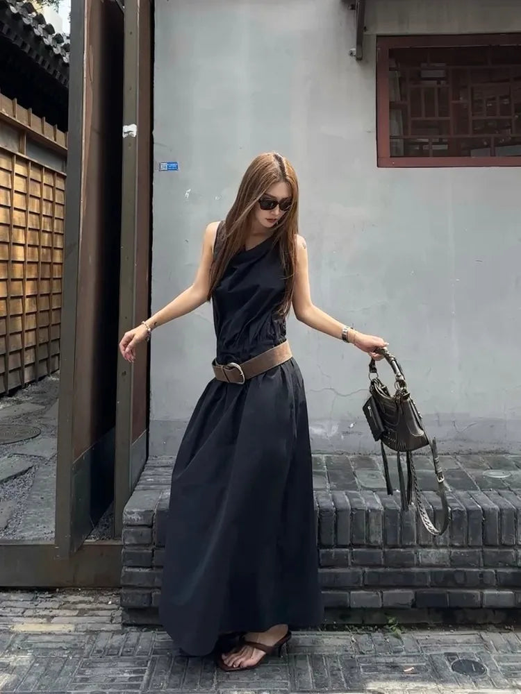 【FANGTING】Simple Smart Black Dress Drawstring Waist Maxi Dress Vacation Style Dress