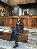 【FANGTING】Women Coffee PU Leather Bomber Jacket Fleece Collar Quilted Lined Short Moto Coat