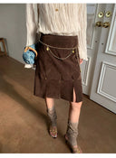 【MAR】Women Vintage Deconstructed Patchwork Skirt 2026 Spring Slim Brown Slit Midi Skirt