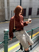 【MAR】Women's Autumn / Winter Retro Leopard Print High Waist Straight Slit Skirt Commute Style