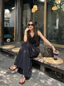 【FANGTING】Simple Smart Black Dress Drawstring Waist Maxi Dress Vacation Style Dress