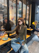 【FANGTING】Women's Half High Neck Zip Up Ribbed Knit Cardigan Slim Fit Short Sweater Coat