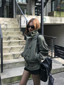 【FANGTING】Women's Cropped Trench Coat Spring Stand Collar Double Breasted Army Green Jacket