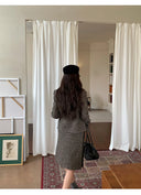 【MAR】Women Retro Intellectual Woolen Blazer Set Waist Coat Skirt Three Piece Outfit