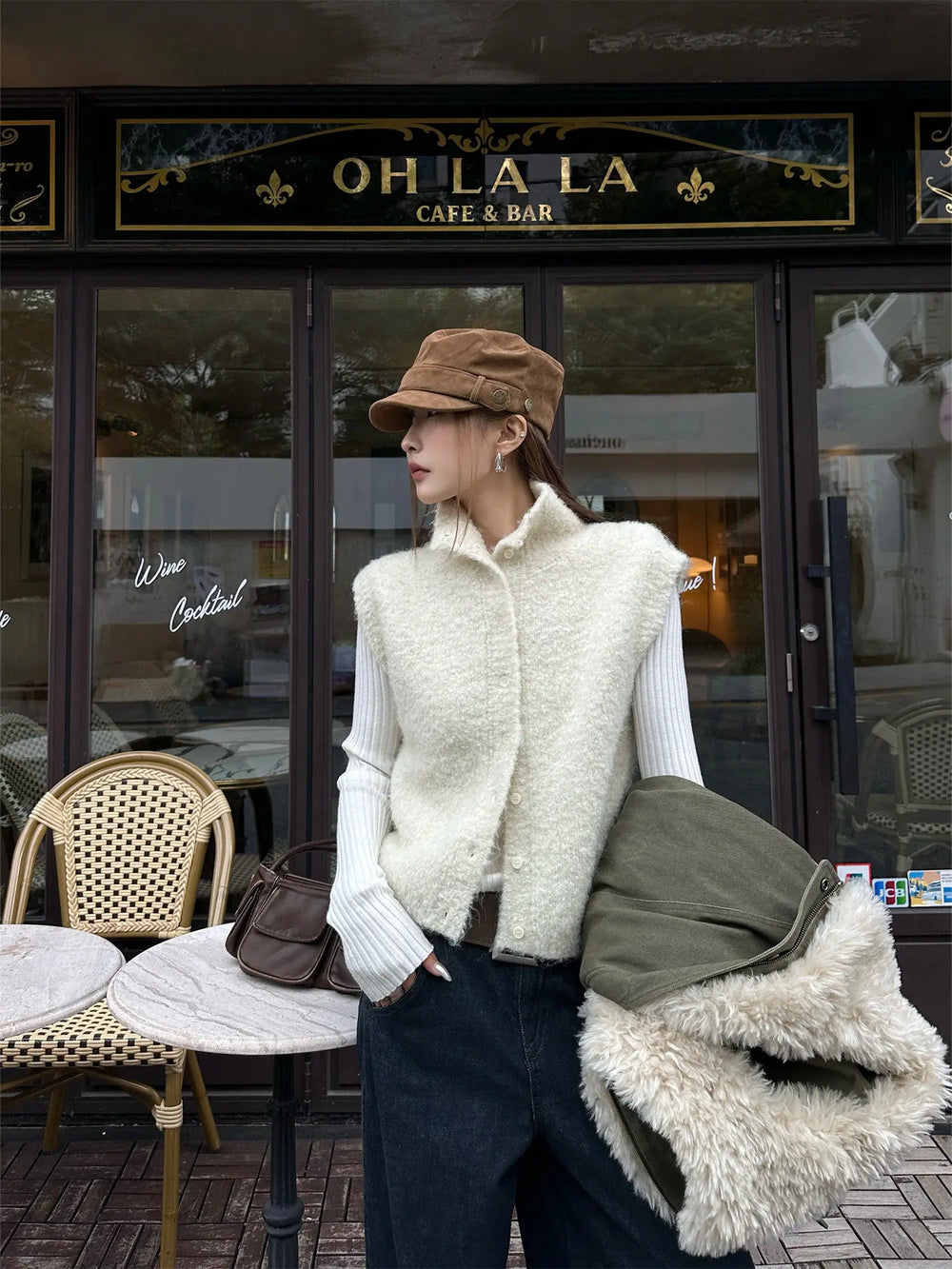 【FANGTING】Women's White Knitted Waistcoat Spring Cardigan Vest Layering Sleeveless Sweater Coat