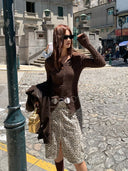 【MAR】Women's Autumn / Winter Retro Leopard Print High Waist Straight Slit Skirt Commute Style