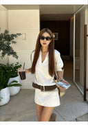 【FANGTING】Women's White Shirt Dress Set Spring Summer Blouse & Short Skirt 2 Piece Outfits