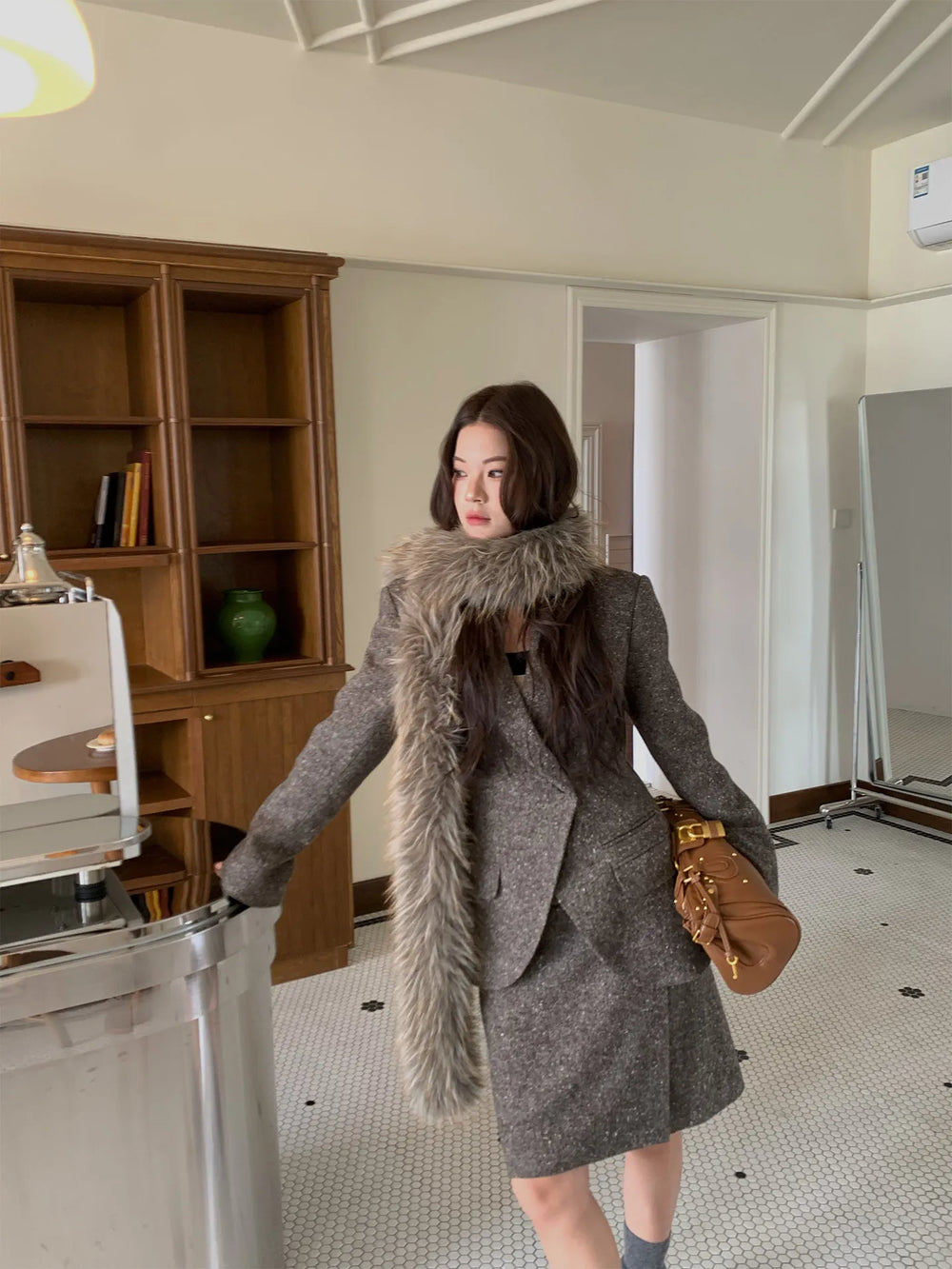 【MAR】Women Retro Intellectual Woolen Blazer Set Waist Coat Skirt Three Piece Outfit