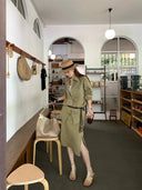 【FANGTING】Women's Khaki Shirt & Skirt Set Spring Casual Top & Skirt Two Piece Outfit