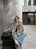 【FANGTING】Women Winter Leopard Print Faux Fur Coat Loose Short Warm Fur Lined Outerwear