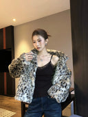 【FANGTING】Women Winter Leopard Print Faux Fur Coat Loose Short Warm Fur Lined Outerwear