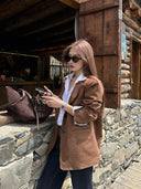 【FANGTING】Women's Coffee Brown Faux Suede Blazer Spring Elegant Luxury Business Suit Jacket