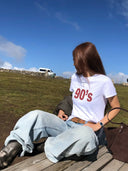 【FANGTING】Women's Crew Neck Printed Short Sleeve T-Shirt Autumn Letter & Number Design Casual Cotton White Top