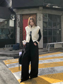 【FANGTING】Women's White Knitted Waistcoat Spring Cardigan Vest Layering Sleeveless Sweater Coat