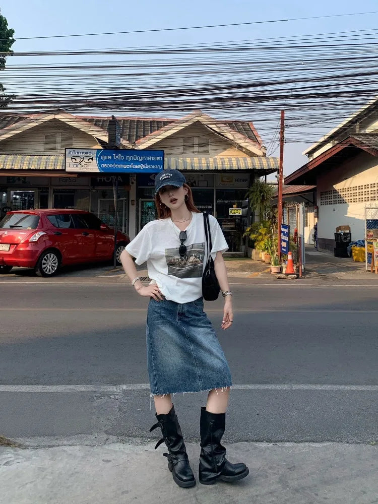 【FANGTING】 Women Summer Denim Skirt Vintage Washed Frayed Hem Blue Versatile A-Line Skirt