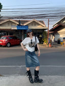 【FANGTING】 Women Summer Denim Skirt Vintage Washed Frayed Hem Blue Versatile A-Line Skirt