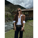【FANGTING】Women's Coffee Brown Faux Suede Blazer Spring Elegant Luxury Business Suit Jacket