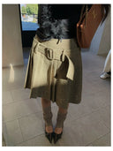 【MAR】Women's Early Spring Retro Hollow Embroidery Pleated Skirt A Line Slim Belt Midi Skirt