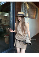 【FANGTING】Women Summer Black 2 Piece Set Draped Neck Top & A-Line Mini Skirt Outfit
