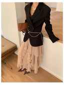 【MAR】Minimalist Black Oversized Blazer Women Mid-Length Double Breasted Suit Jacket Commute Top