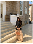 【MAR】Minimalist Black Oversized Blazer Women Mid-Length Double Breasted Suit Jacket Commute Top